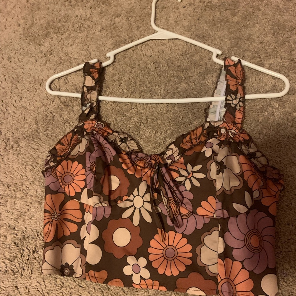 ROMWE cropped tank top, medium, brown with multi color flowers.